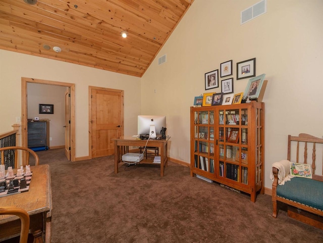 sitting room featuring high vaulted ceiling, wood ceiling, and dark carpet