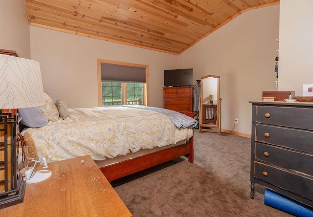 bedroom with wood ceiling, dark carpet, and vaulted ceiling