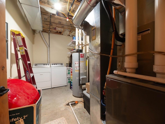 basement featuring independent washer and dryer and water heater