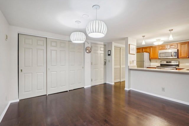 kitchen featuring hanging light fixtures, stainless steel appliances, and dark wood-type flooring