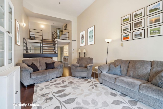 living room featuring a towering ceiling and hardwood / wood-style flooring