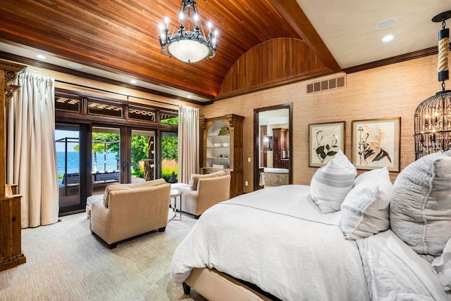 bedroom featuring access to exterior, a water view, wooden ceiling, and a chandelier