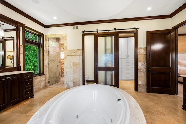 bathroom featuring crown molding, tile walls, vanity, and toilet