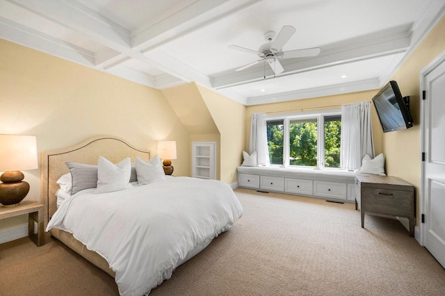 bedroom with beamed ceiling, light colored carpet, and ceiling fan