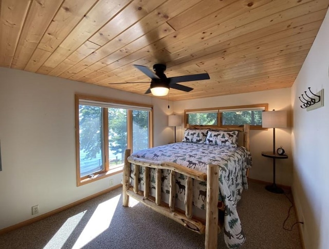 bedroom with ceiling fan, carpet flooring, and wooden ceiling