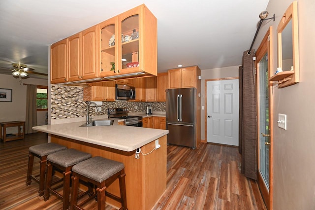 kitchen featuring hardwood / wood-style floors, appliances with stainless steel finishes, sink, ceiling fan, and decorative backsplash