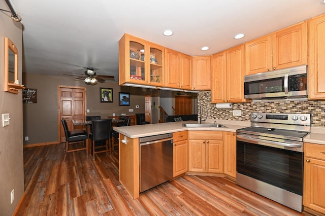 kitchen with wood-type flooring, appliances with stainless steel finishes, kitchen peninsula, sink, and ceiling fan