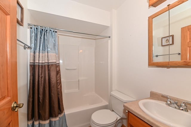 full bathroom with vanity, toilet, and shower / bathtub combination with curtain