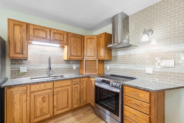 kitchen with stainless steel range with electric cooktop, decorative backsplash, and wall chimney exhaust hood