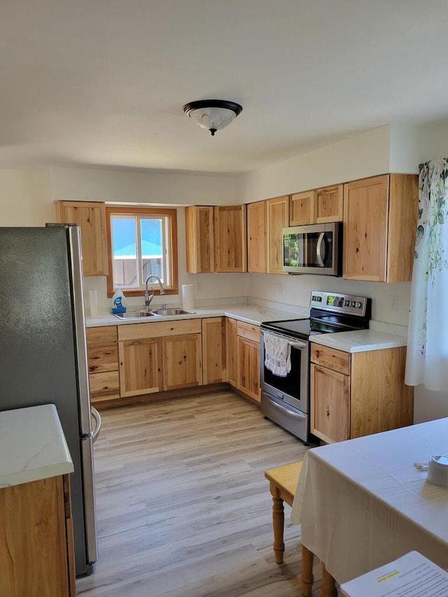 kitchen featuring light wood-type flooring, stainless steel appliances, and sink