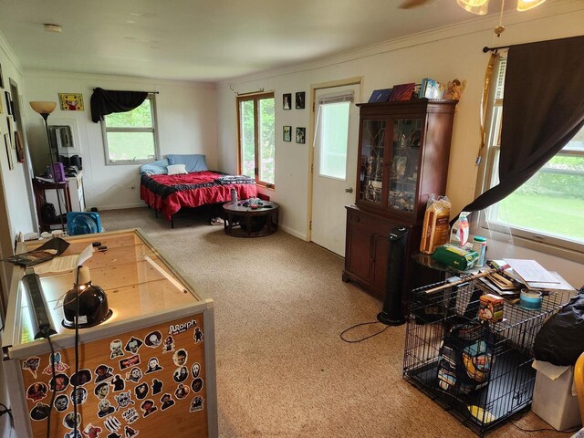 carpeted bedroom with ornamental molding