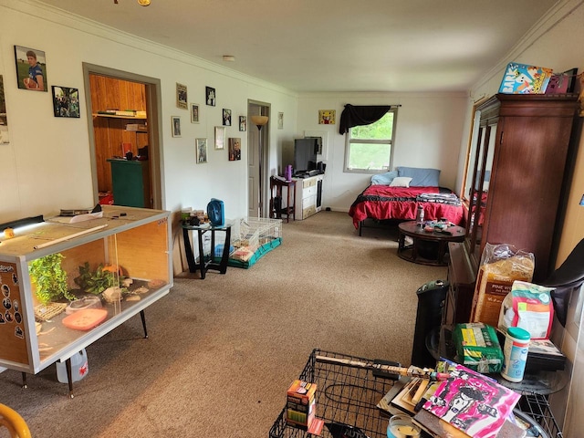 bedroom featuring crown molding and carpet