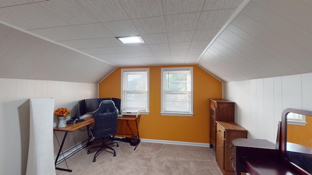 office featuring light carpet and lofted ceiling