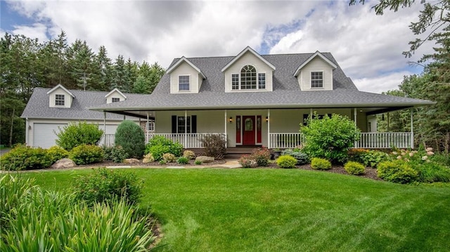 farmhouse-style home featuring a garage, a front yard, and covered porch