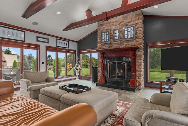 living room with crown molding, a large fireplace, and vaulted ceiling with beams