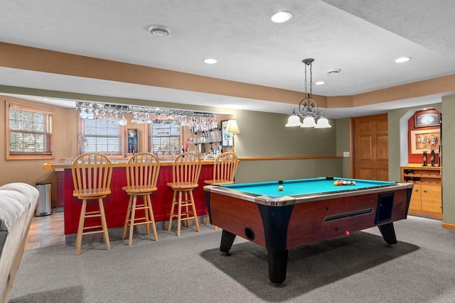 game room featuring indoor bar, light colored carpet, and billiards