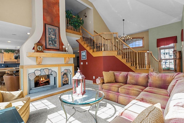 living room featuring a chandelier and high vaulted ceiling