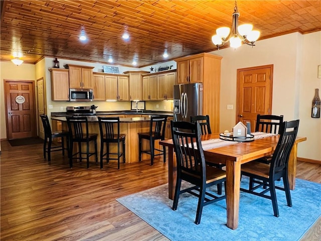 dining room featuring wood-type flooring, ornamental molding, wooden ceiling, and an inviting chandelier