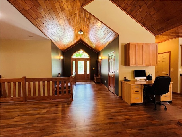 office space with dark hardwood / wood-style flooring, wood ceiling, and high vaulted ceiling