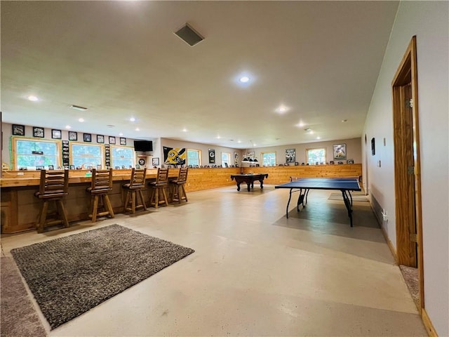 recreation room with pool table and indoor bar