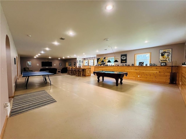 rec room featuring billiards and concrete flooring