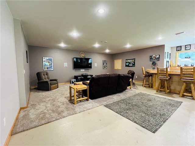 living room featuring indoor bar