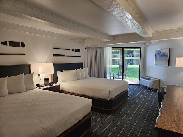 bedroom with beamed ceiling, a wall mounted AC, access to outside, and dark carpet