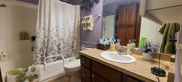 full bathroom featuring tile patterned flooring, vanity, toilet, and shower / tub combo