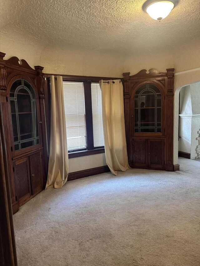 unfurnished living room with light carpet and a textured ceiling