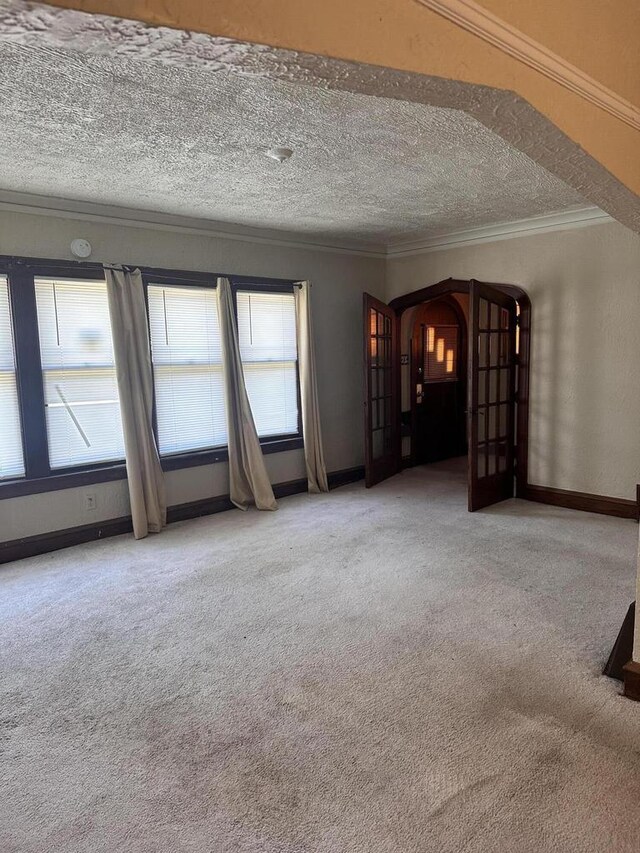 empty room featuring a textured ceiling, carpet flooring, ornamental molding, and a healthy amount of sunlight