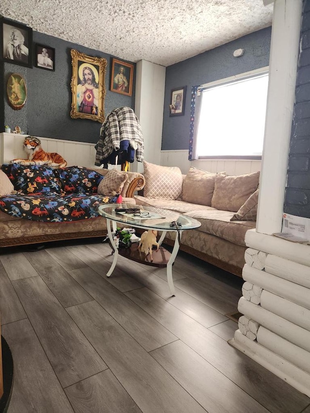 living room featuring hardwood / wood-style floors and a textured ceiling