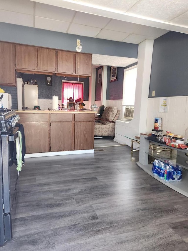 kitchen featuring dark wood-type flooring, a paneled ceiling, plenty of natural light, and range with gas cooktop