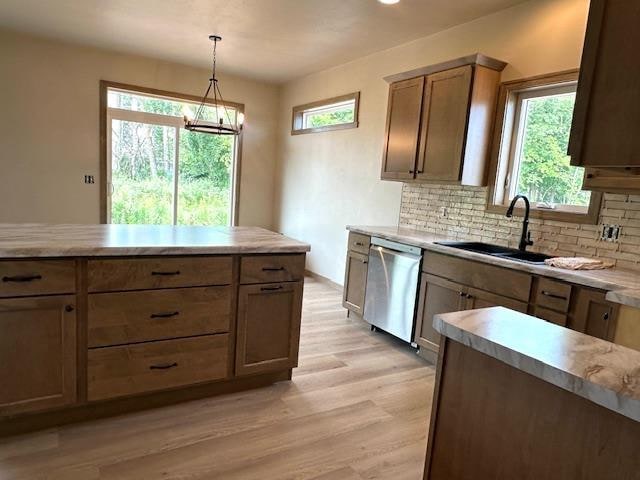 kitchen featuring decorative backsplash, stainless steel dishwasher, hanging light fixtures, and light hardwood / wood-style flooring