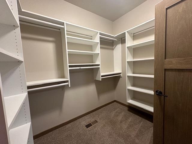 walk in closet with dark colored carpet