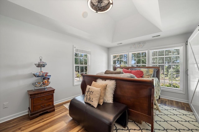 bedroom featuring light wood-type flooring, multiple windows, and a tray ceiling