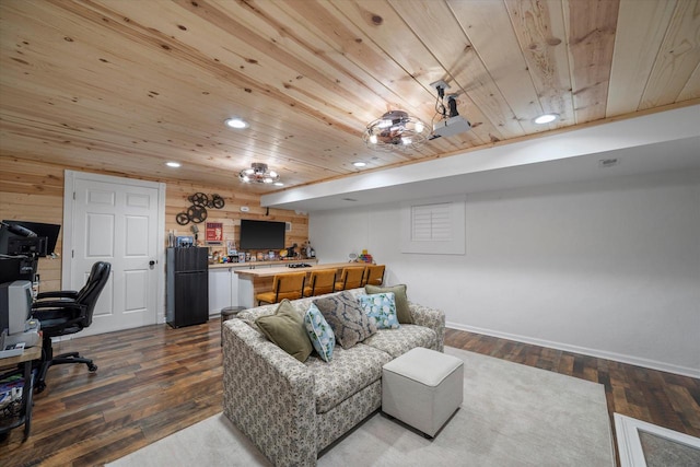 living room featuring wood ceiling, wooden walls, and hardwood / wood-style floors