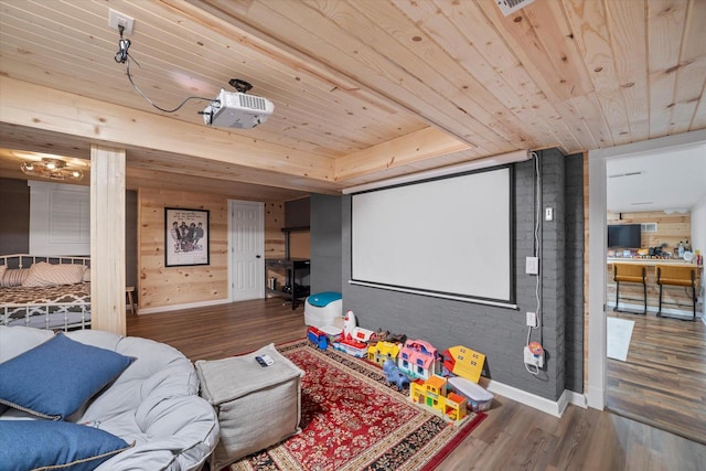 home theater featuring wooden ceiling, wooden walls, and hardwood / wood-style floors