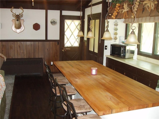 unfurnished dining area featuring radiator heating unit and wood walls