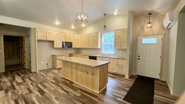 kitchen with a center island, vaulted ceiling, dark hardwood / wood-style flooring, and a wall unit AC