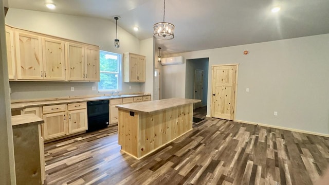 kitchen with lofted ceiling, a center island, black dishwasher, light brown cabinets, and pendant lighting