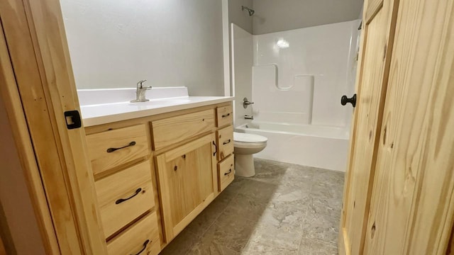 full bathroom with washtub / shower combination, toilet, and vanity