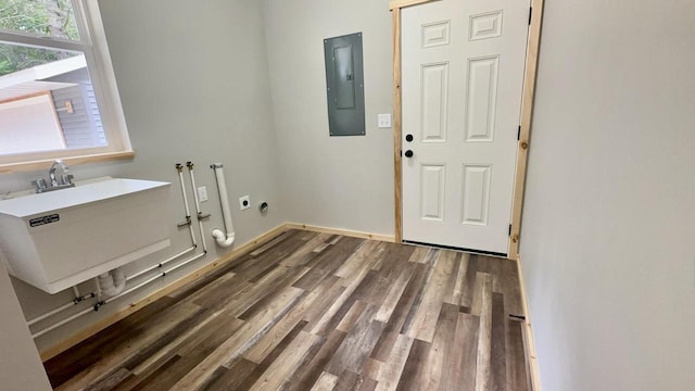 clothes washing area featuring sink, electric panel, hookup for a washing machine, and dark hardwood / wood-style floors