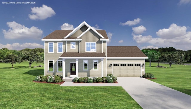 view of front of property with a front yard and a garage