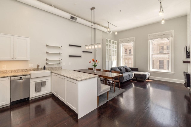 kitchen with dark hardwood / wood-style flooring, dishwasher, sink, rail lighting, and kitchen peninsula