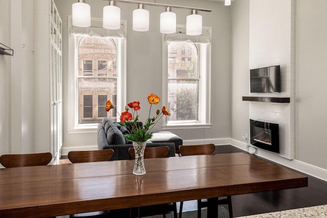 dining area with a fireplace