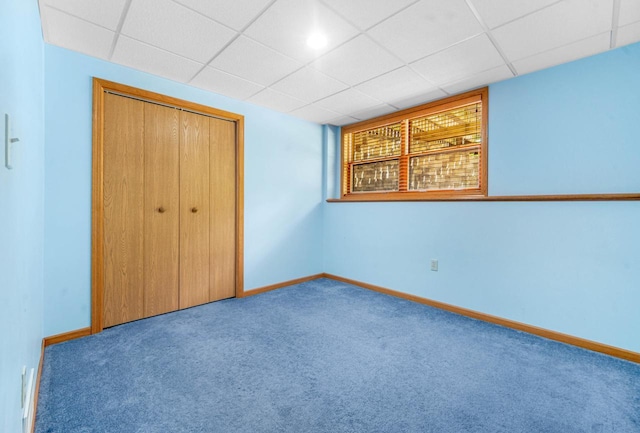 unfurnished bedroom featuring a drop ceiling, a closet, and carpet flooring