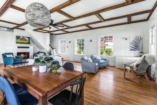 dining room featuring ceiling fan with notable chandelier, hardwood / wood-style flooring, and coffered ceiling