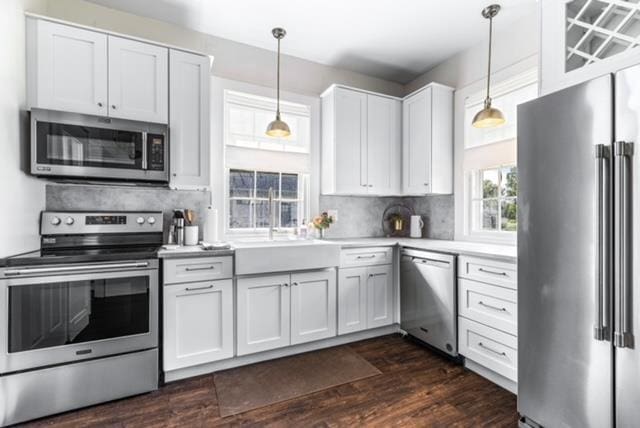 kitchen featuring dark hardwood / wood-style floors, stainless steel appliances, backsplash, and white cabinets