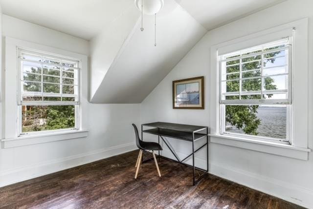 office area with lofted ceiling and hardwood / wood-style floors