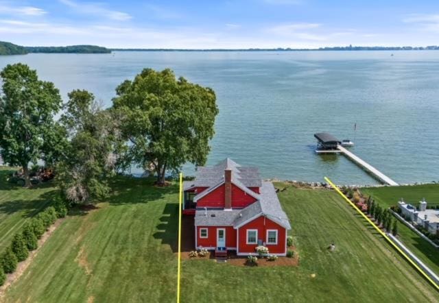 drone / aerial view featuring a water view